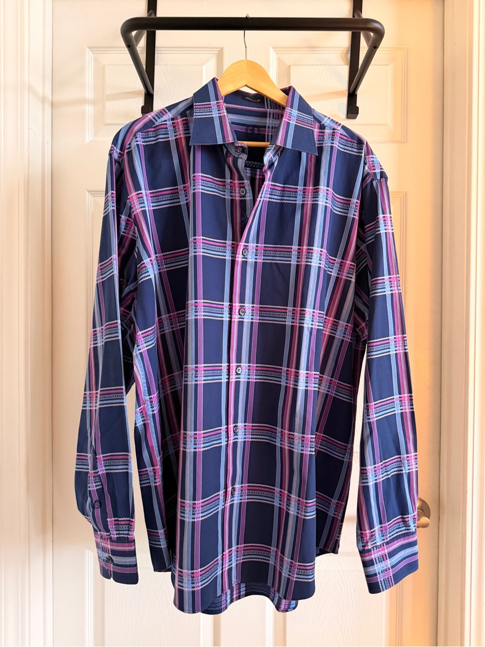 Bugatchi Long‑Sleeve Button‑Front Shirt – Navy/Pink Plaid XL
